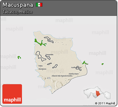 Shaded Relief 3D Map of Macuspana, single color outside