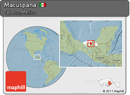Savanna Style Location Map of Macuspana, highlighted parent region, hill shading
