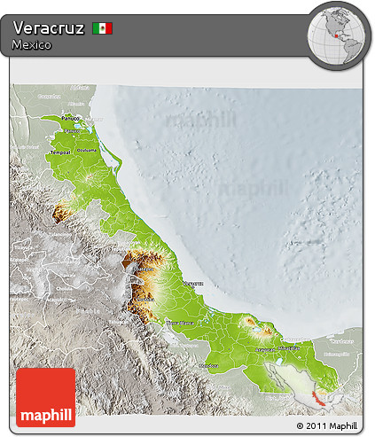 Physical 3D Map of Veracruz, lighten, semi-desaturated