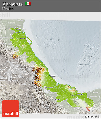 Physical 3D Map of Veracruz, lighten, semi-desaturated