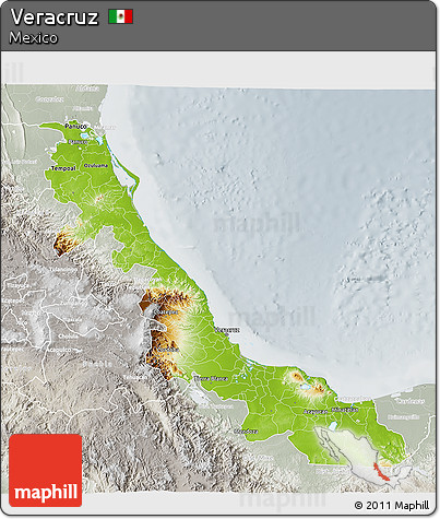 Physical 3D Map of Veracruz, lighten, semi-desaturated