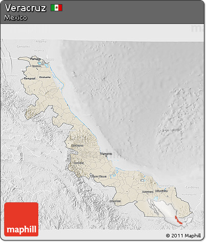 Shaded Relief 3D Map of Veracruz, lighten, desaturated