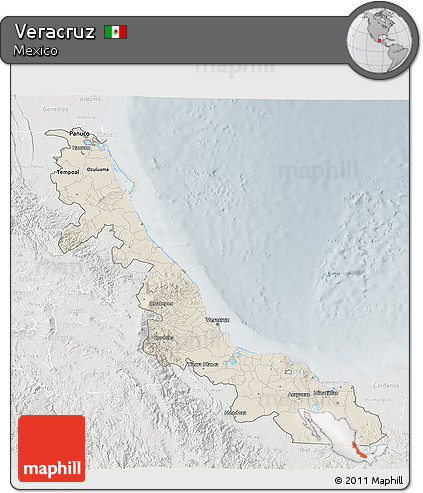 Shaded Relief 3D Map of Veracruz, lighten, semi-desaturated