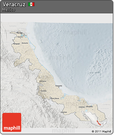Shaded Relief 3D Map of Veracruz, lighten, semi-desaturated