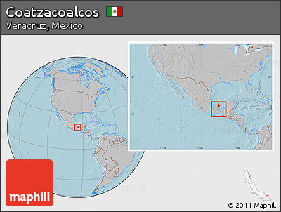 Gray Location Map of Coatzacoalcos, within the entire country, hill shading