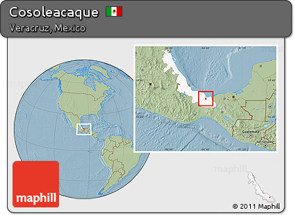 Savanna Style Location Map of Cosoleacaque, highlighted parent region, hill shading