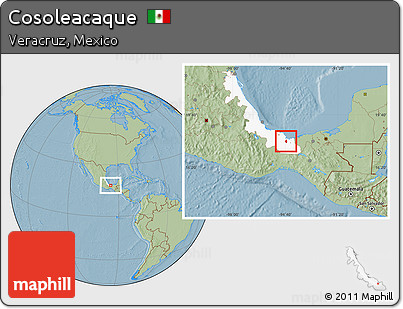 Savanna Style Location Map of Cosoleacaque, highlighted parent region, hill shading