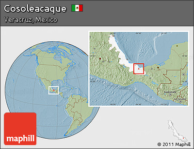Savanna Style Location Map of Cosoleacaque, highlighted parent region, hill shading