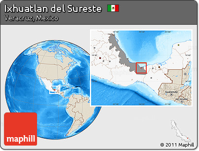 Shaded Relief Location Map of Ixhuatlan Del Sureste, highlighted country, highlighted parent region