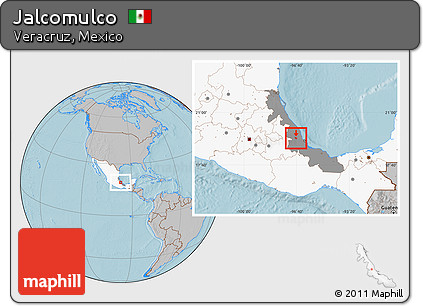 Gray Location Map of Jalcomulco, highlighted country, highlighted parent region, hill shading