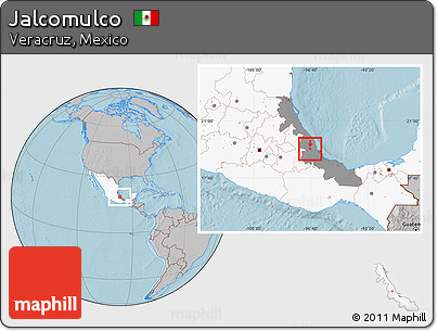 Gray Location Map of Jalcomulco, highlighted country, highlighted parent region, hill shading