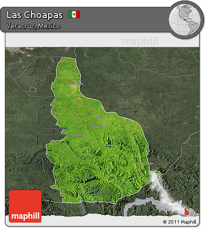 Satellite 3D Map of Las Choapas, darken, semi-desaturated