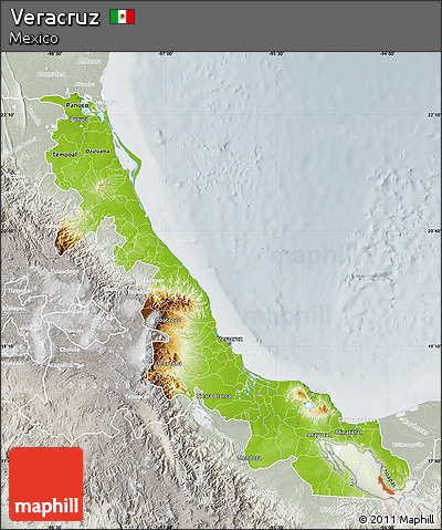 Physical Map of Veracruz, lighten, semi-desaturated