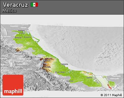 Physical Panoramic Map of Veracruz, lighten, desaturated