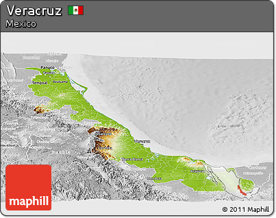 Physical Panoramic Map of Veracruz, lighten, desaturated