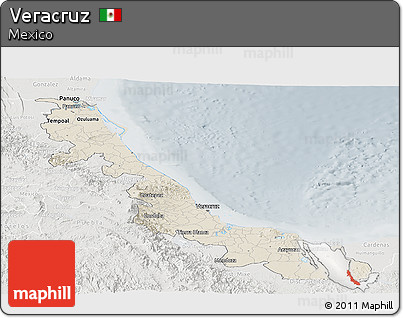 Shaded Relief Panoramic Map of Veracruz, lighten, semi-desaturated