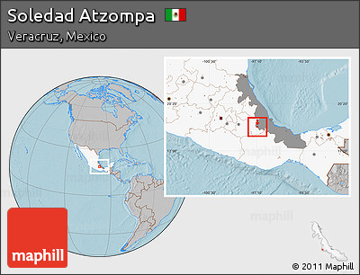 Gray Location Map of Soledad Atzompa, highlighted country, highlighted parent region, hill shading
