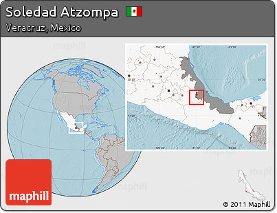 Gray Location Map of Soledad Atzompa, highlighted country, highlighted parent region, hill shading