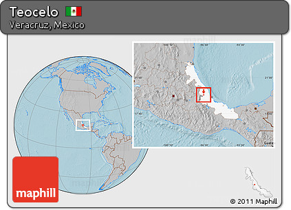 Gray Location Map of Teocelo, highlighted parent region, hill shading