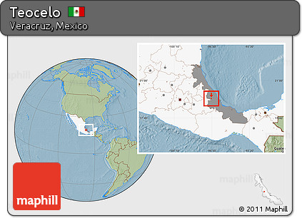 Savanna Style Location Map of Teocelo, highlighted country, highlighted parent region, hill shading