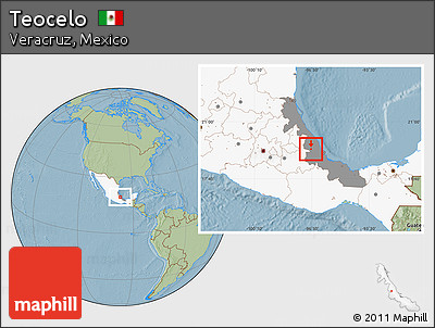 Savanna Style Location Map of Teocelo, highlighted country, highlighted parent region, hill shading
