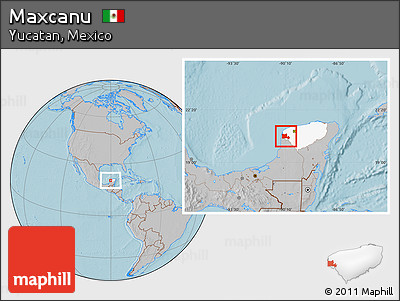 Gray Location Map of Maxcanu, highlighted parent region, hill shading