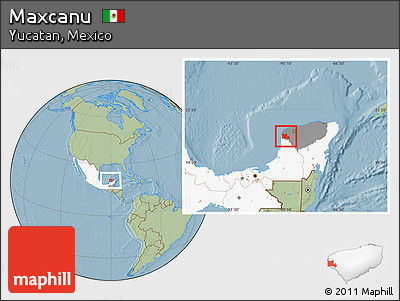 Savanna Style Location Map of Maxcanu, highlighted country, highlighted parent region, hill shading