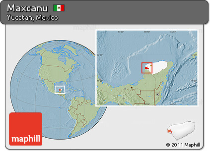 Savanna Style Location Map of Maxcanu, highlighted parent region, hill shading