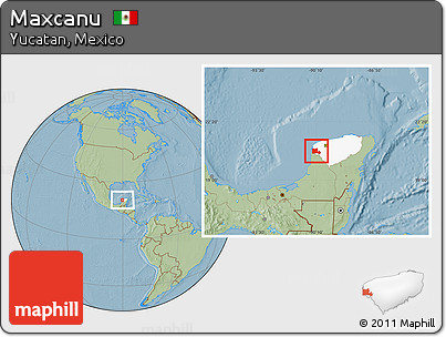 Savanna Style Location Map of Maxcanu, highlighted parent region, hill shading