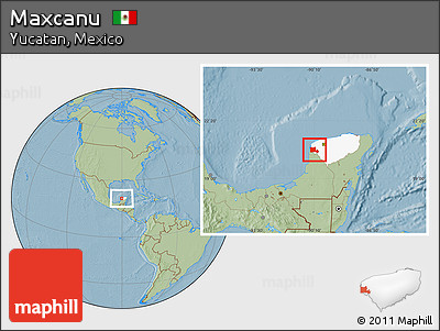 Savanna Style Location Map of Maxcanu, highlighted parent region, hill shading