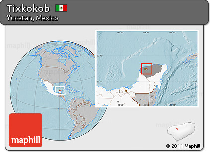 Gray Location Map of Tixkokob, highlighted country, highlighted parent region, hill shading