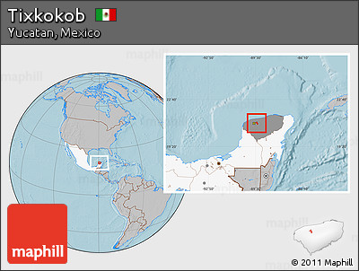 Gray Location Map of Tixkokob, highlighted country, highlighted parent region, hill shading
