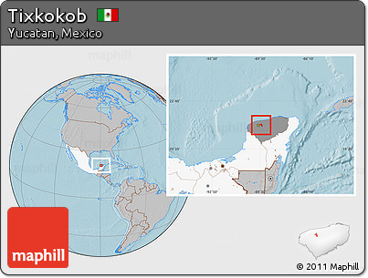 Gray Location Map of Tixkokob, highlighted country, highlighted parent region, hill shading