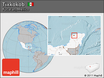 Gray Location Map of Tixkokob, highlighted country, hill shading