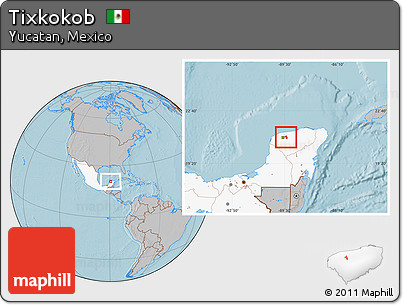 Gray Location Map of Tixkokob, highlighted country, hill shading