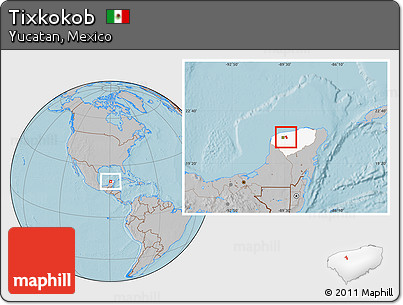 Gray Location Map of Tixkokob, highlighted parent region, hill shading