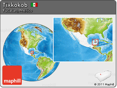 Physical Location Map of Tixkokob, highlighted country, highlighted parent region, within the entire country