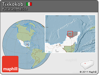 Savanna Style Location Map of Tixkokob, highlighted country, highlighted parent region, hill shading