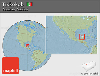 Savanna Style Location Map of Tixkokob, highlighted parent region, within the entire country, hill shading