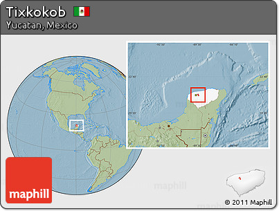 Savanna Style Location Map of Tixkokob, highlighted parent region, hill shading