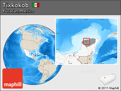 Shaded Relief Location Map of Tixkokob, highlighted country, highlighted parent region