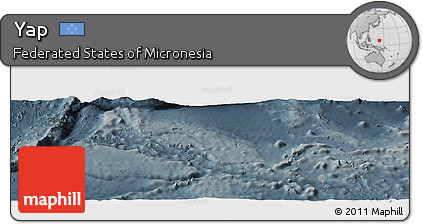 Shaded Relief Panoramic Map of Yap, darken, semi-desaturated