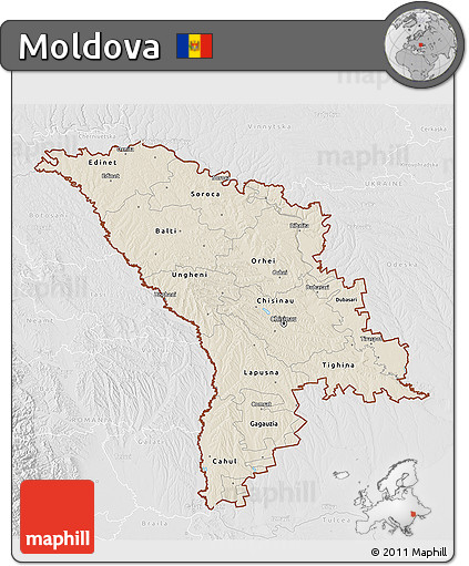 Shaded Relief 3D Map of Moldova, lighten, desaturated