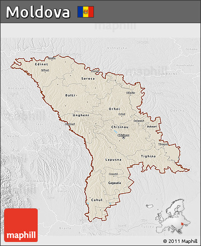 Shaded Relief 3D Map of Moldova, lighten, desaturated