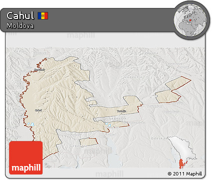 Shaded Relief Panoramic Map of Cahul, lighten, semi-desaturated