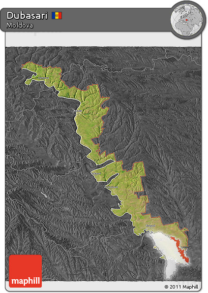 Satellite 3D Map of Dubasari, darken, desaturated