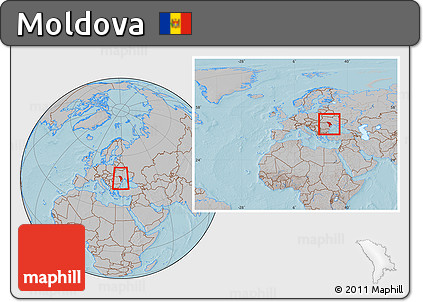 Gray Location Map of Moldova, within the entire continent, hill shading