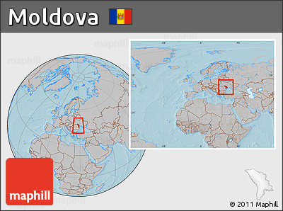 Gray Location Map of Moldova, within the entire continent, hill shading