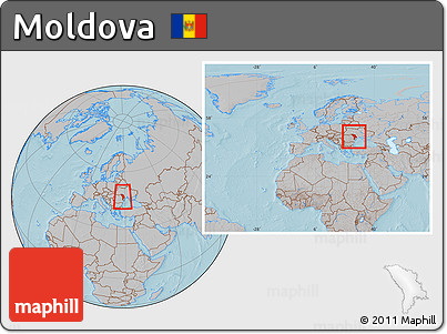 Gray Location Map of Moldova, within the entire continent, hill shading