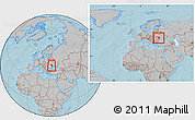 Gray Location Map of Moldova, within the entire continent, hill shading